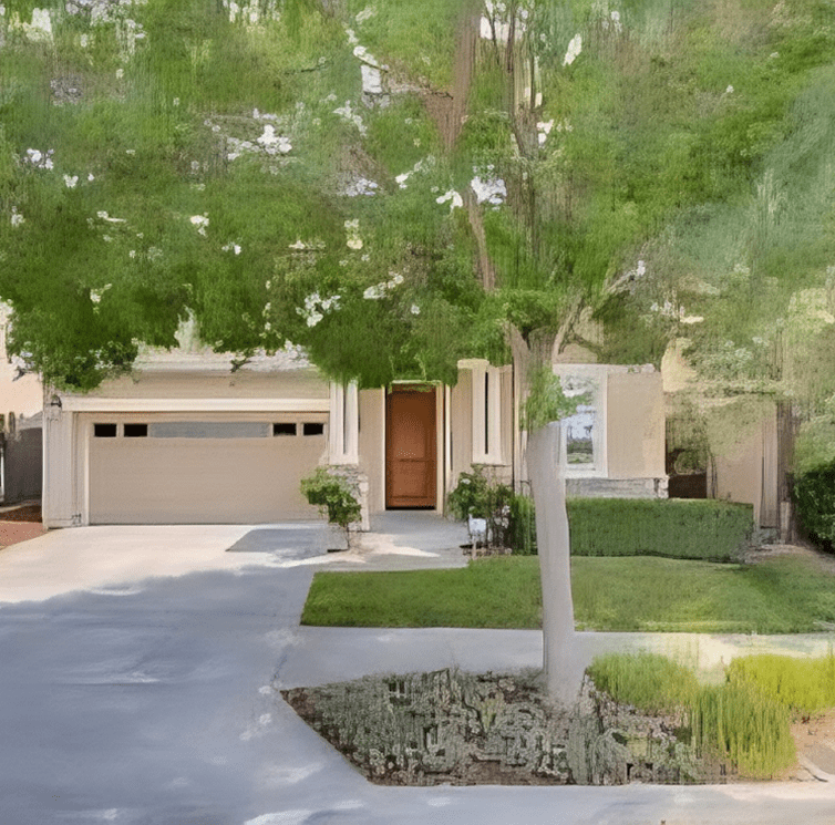A modern suburban house with a two-car garage and a tree-lined driveway.
