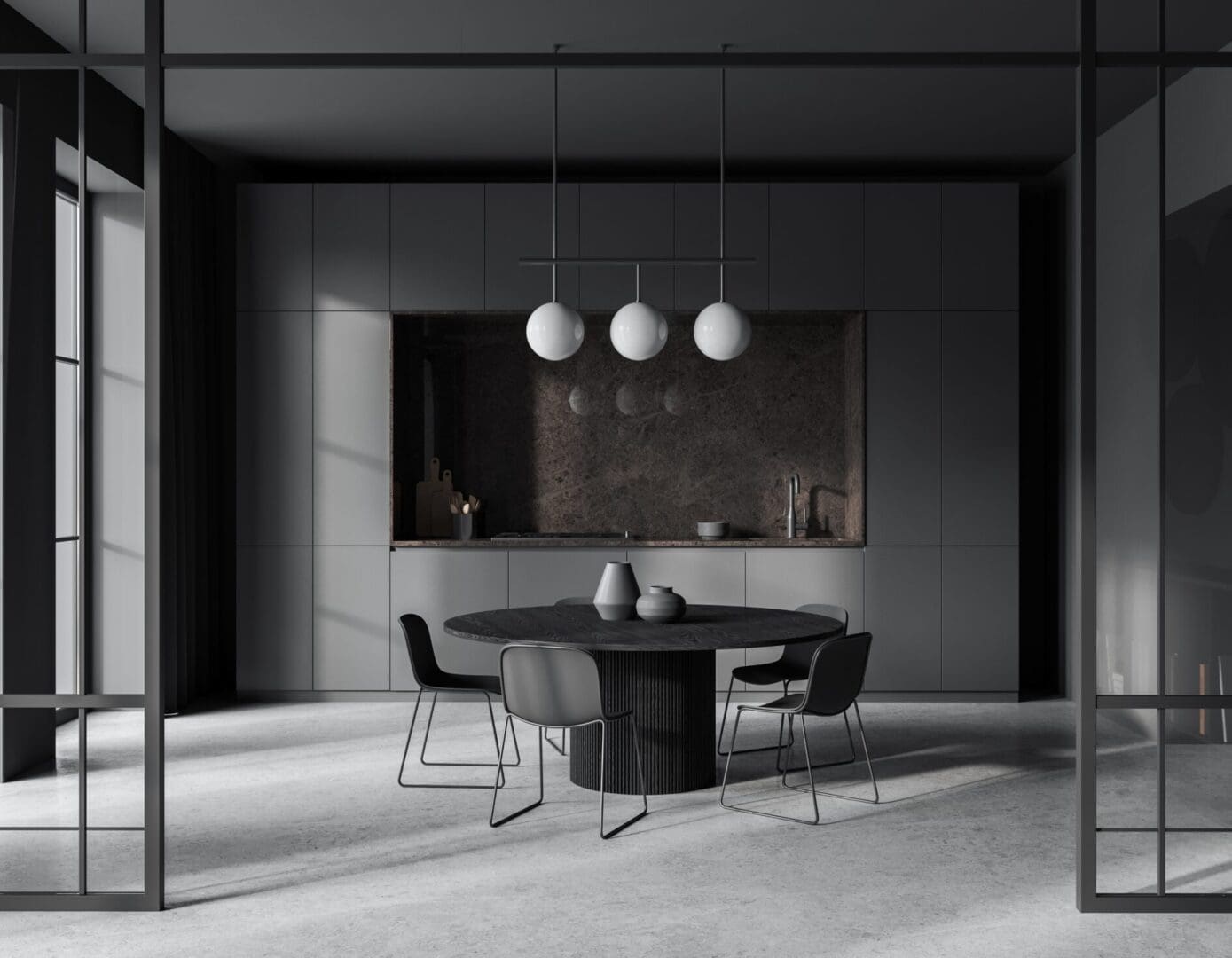 Minimalist dining room with round table.