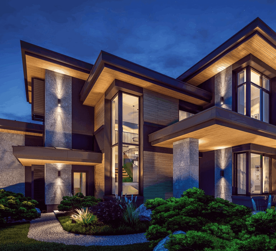 Modern two-story house with warm lighting at dusk.